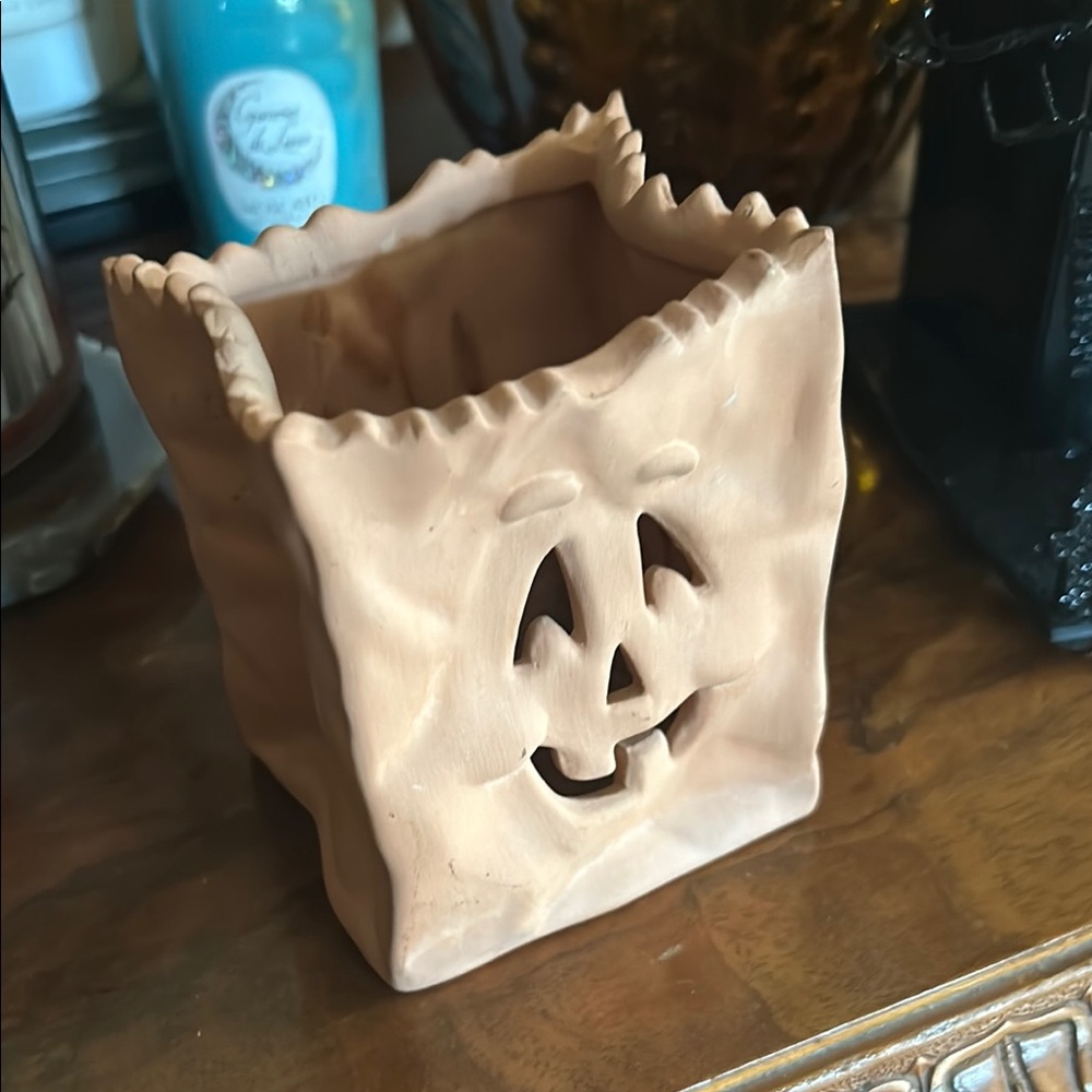 Vintage Halloween Ceramic Luminary Paper Bag Pumpkin Face Candle Holder